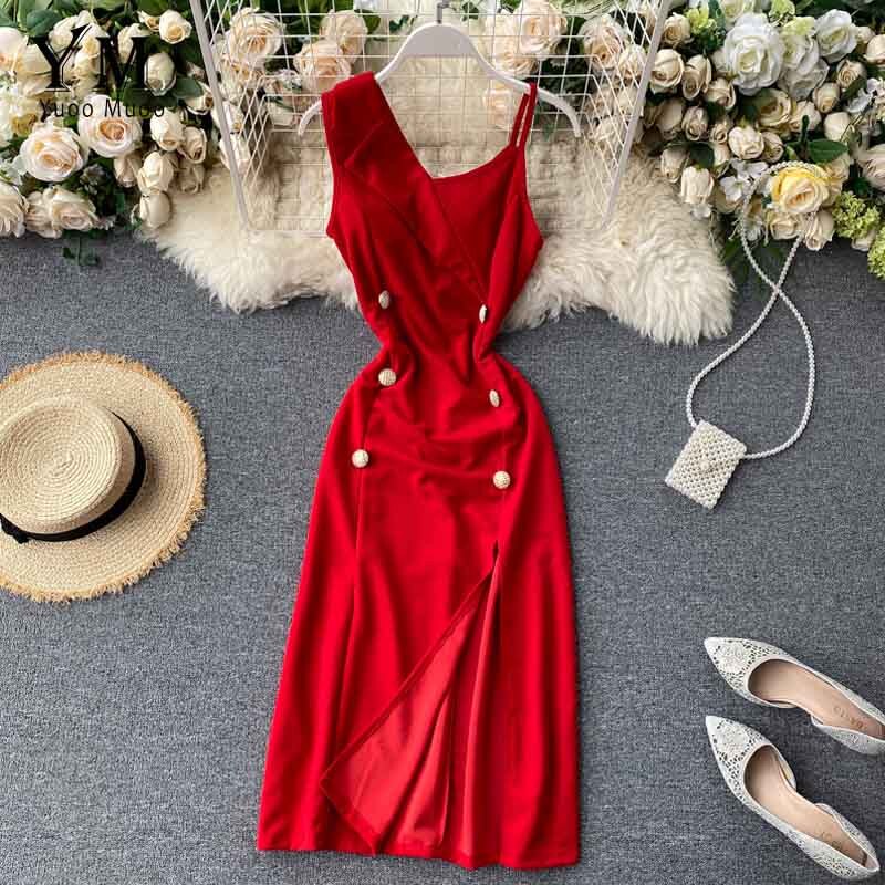 Yuoomuoo rød en skulder kærv krave split bodycon kjole dobbeltradet kvinder fest sommerkjole: Rød / L