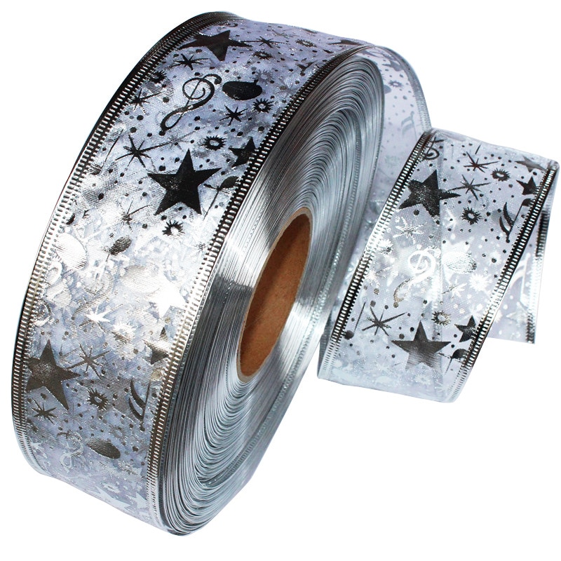 50 Mm Breed Zilveren Lint Gaas Lint Afdrukken Ster Kerstboom Decoratie Kerst Aanwezig Bruiloft Draad Randen Diy