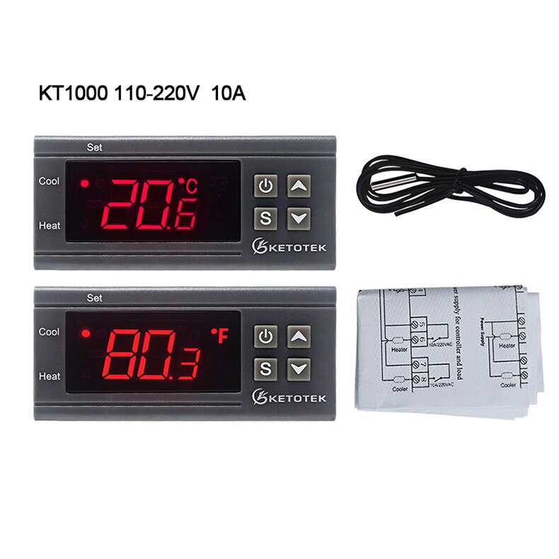 KT1000 Digital Temperature Controller 10A C/F 12V 24V 220V Two Relay Incubator Temperature Thermostat With Heater And Cooler: KT1000 110-220V