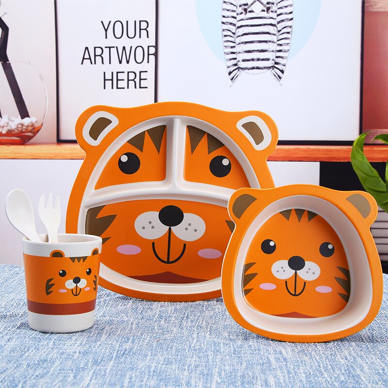 5 pièces/ensemble bébé dessin animé assiette vaisselle Anti-chute ensemble de vaisselle 4 fentes enfants vaisselle fourchette cuillère bambou assiette ensemble couverts: Tiger