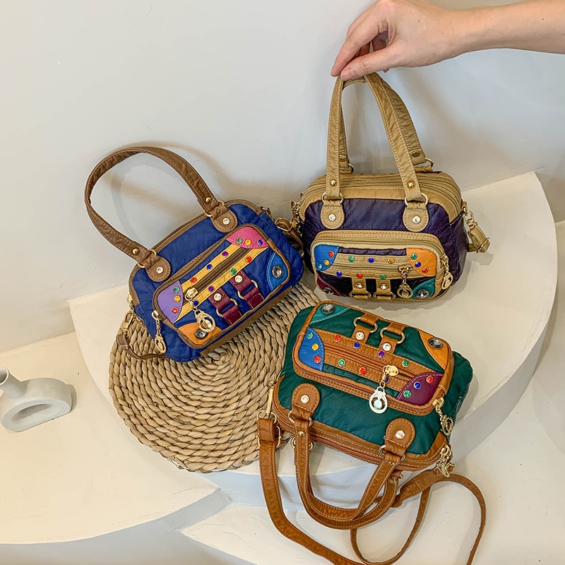 Pu Leather Multicolor Optional Shoulder Bag Ladies Crossbody Messenger Bag Ladies Rivet Soft Package Patch Multi-pocket