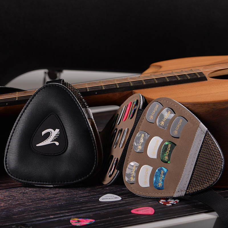 Porte-médiator pour guitare en cuir, 21 pièces, portefeuille, plectre électrique acoustique 0.46 0.71 0.96mm, mélange de noir, forme Triangle carré