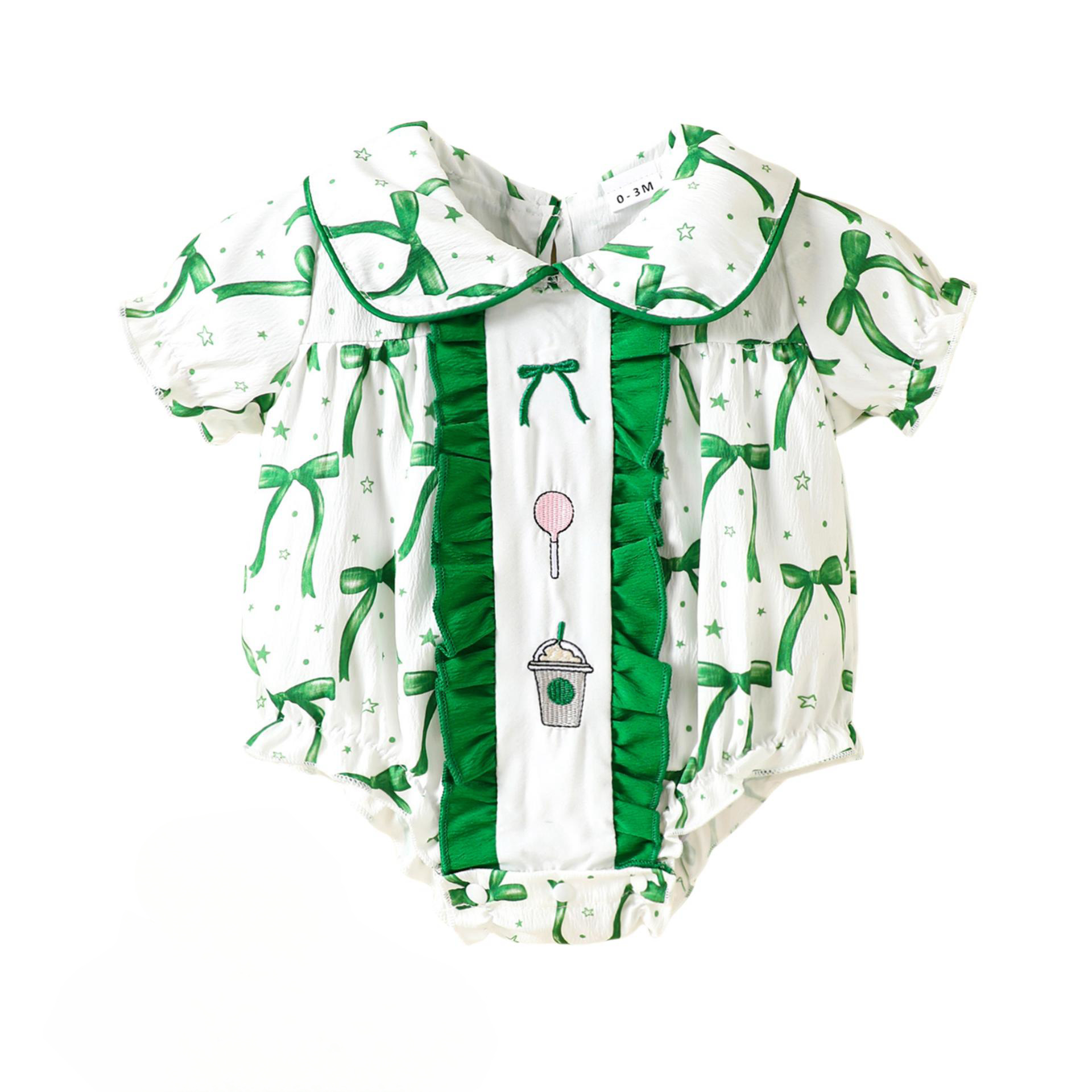 Body de verano 2025 para niñas, mono infantil bordado con estampado de cereza dulce, ropa de una pieza de manga corta con solapa para niños pequeños: Beige / 6 meses