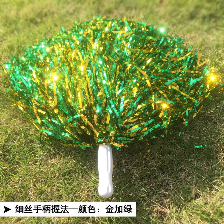 25-30CM Girl Pom Poms Sparkly Filament Hand Flower Cheerleader Holding Pompom Cheerleader Flower Ball Dance Game Cheer Props: glod-green-handle