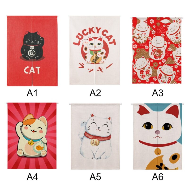Rideau de porte en coton et lin | Motif chat chanceux, rideaux de porte, diviseur de décoration pour la maison, pour chambre à coucher et cuisine