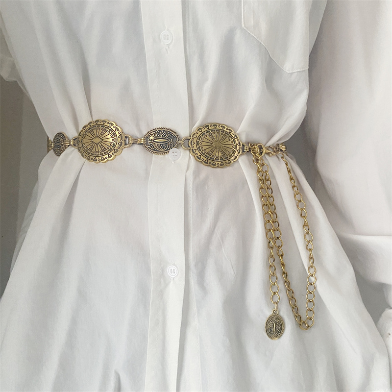 Acessórios de corrente de cintura de metal feminino estilo retrô círculo decorativo esculpido cinto de corrente acessórios de estilo alto