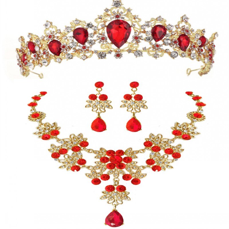Barock vintage guld röd grön blå kristall brud smyckesset bröllop afrikanska pärlor smyckesset halsband örhängen tiara set: 3 st rött set