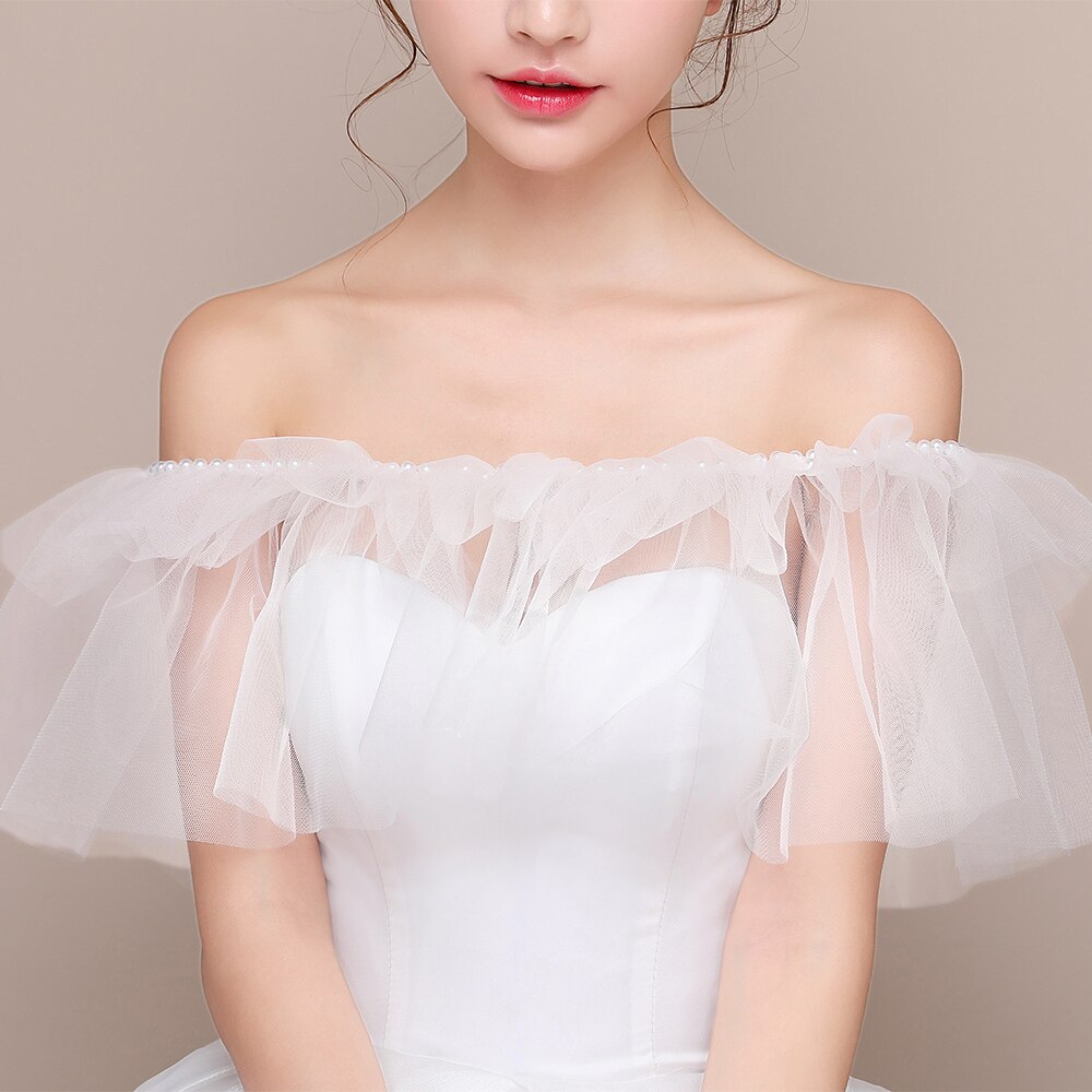Frauen Elfenbein Hochzeit Braut wickeln Elegante Perlen Rüschen sexy schier Tüll Schal mit Band Weg Von der Schulter Stola für Formale kleid