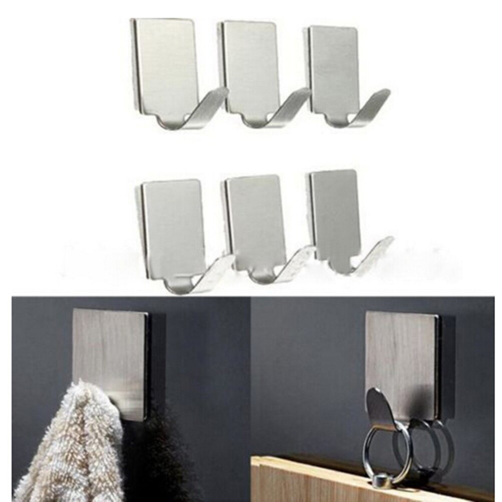 6Pc/Lot Stainless Steel Family Robe Hanging Hooks Hats Bag Key Adhesive Wall Hanger for Bathroom Kitchen: Default Title