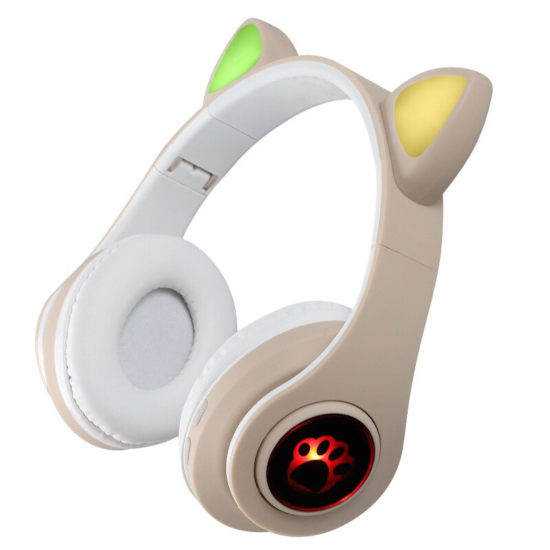 Wireless Headphone Bluetooth5.0 Headset Cat Ear Earphone LED Lights With Microphone For PC Laptop Phone: Khaki