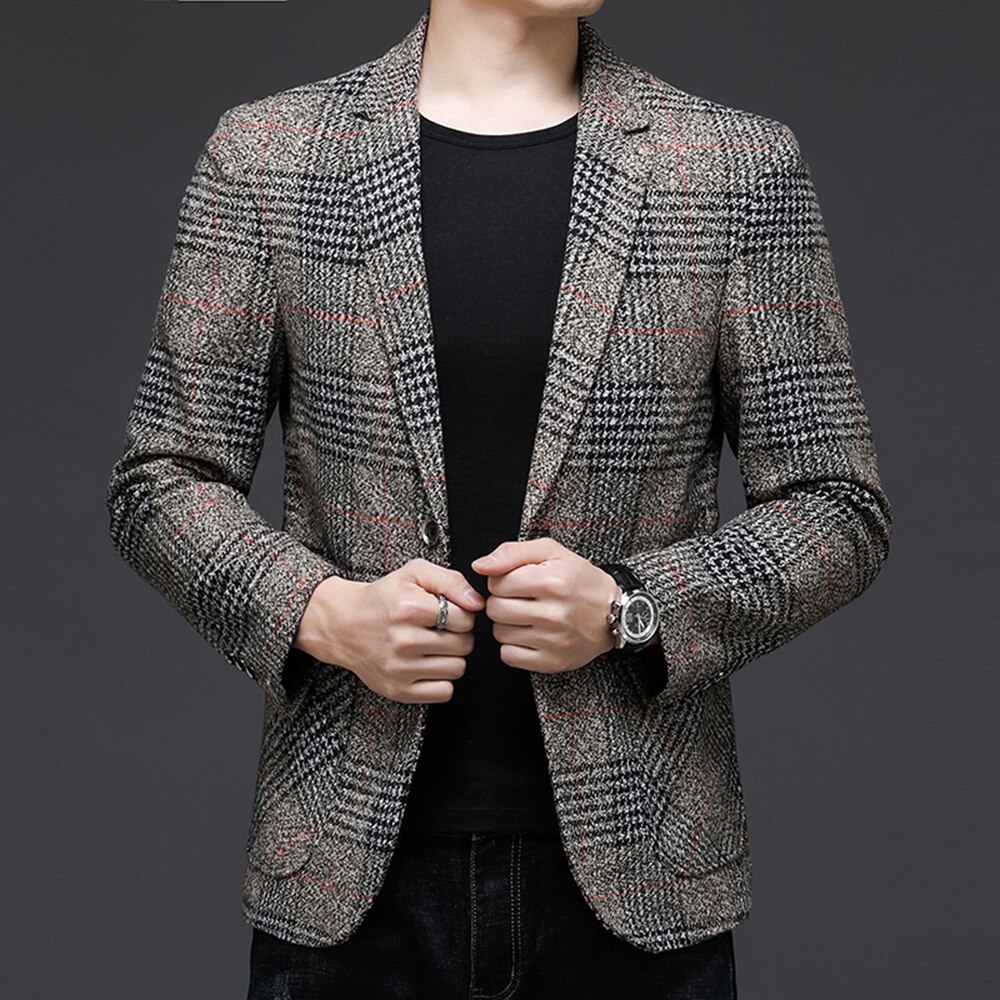 Top Grade Style Classic Brand Casual Slim Fit Men Suits Tweed Jacket Business Plaid Blazer Coats Mens Clothes