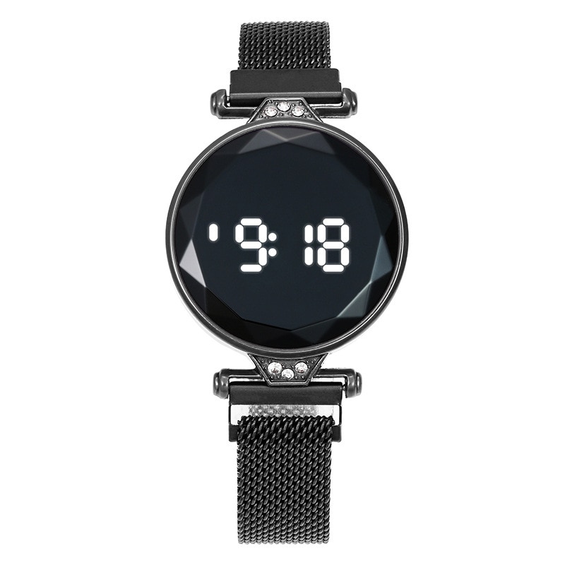 Montre-Bracelet magnétique milanaise pour femmes, montre-Bracelet de Sport numérique LED, horloge électronique pour dames et filles: Black