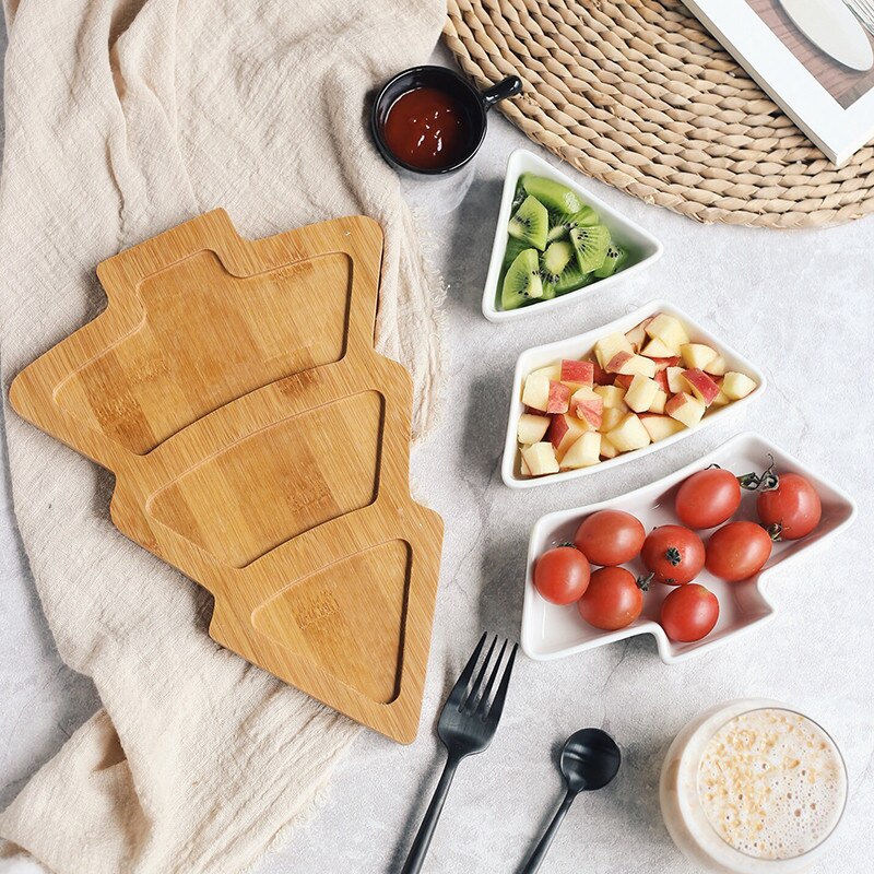 Christmas Tree Shaped Ceramic Snack Fruit Dishes Dinner Plates Dinnerware With Bamboo Tray Wedding Party Supplies