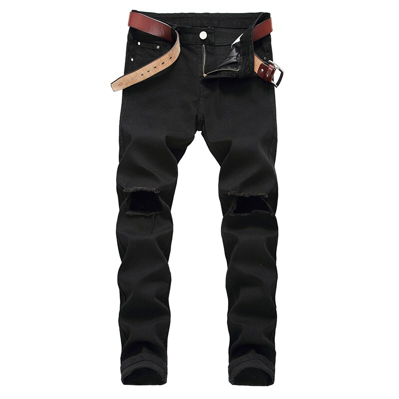 Jean slim pour hommes, pantalon noir déchiré élastique, denim décontracté, slim fit hole, hip hop, ,: 28
