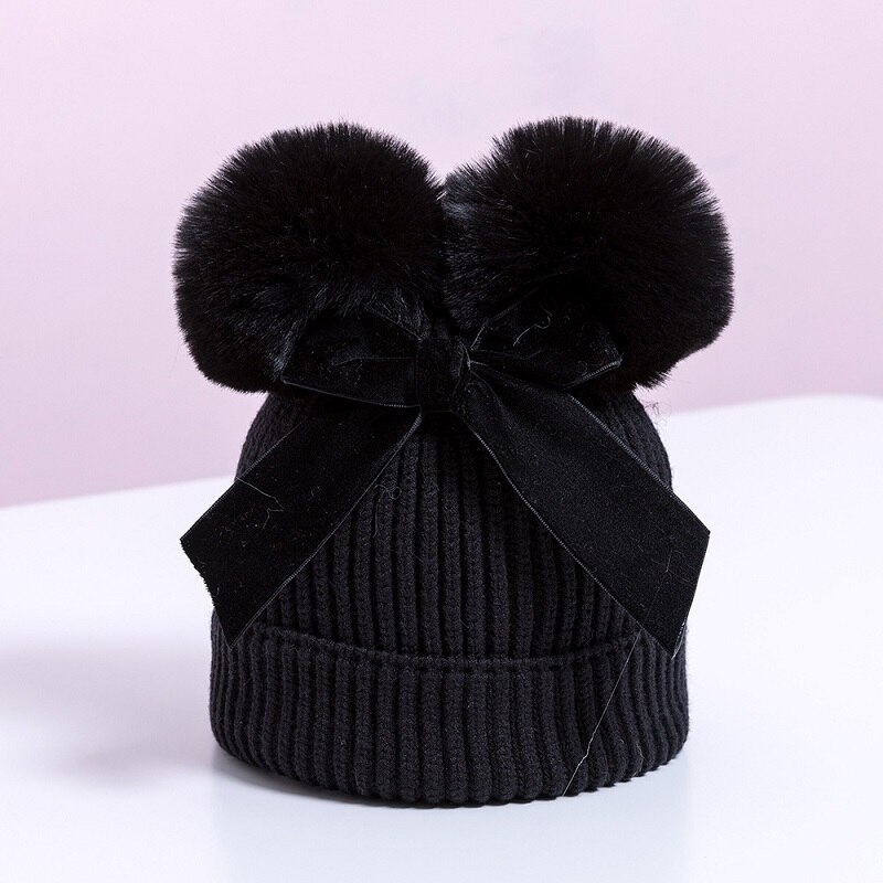 Chapeau d'hiver à Double pompon pour enfants | Chapeau avec nœud, casquette Crochet, chapeau et épais, chapeaux pour bébés: black