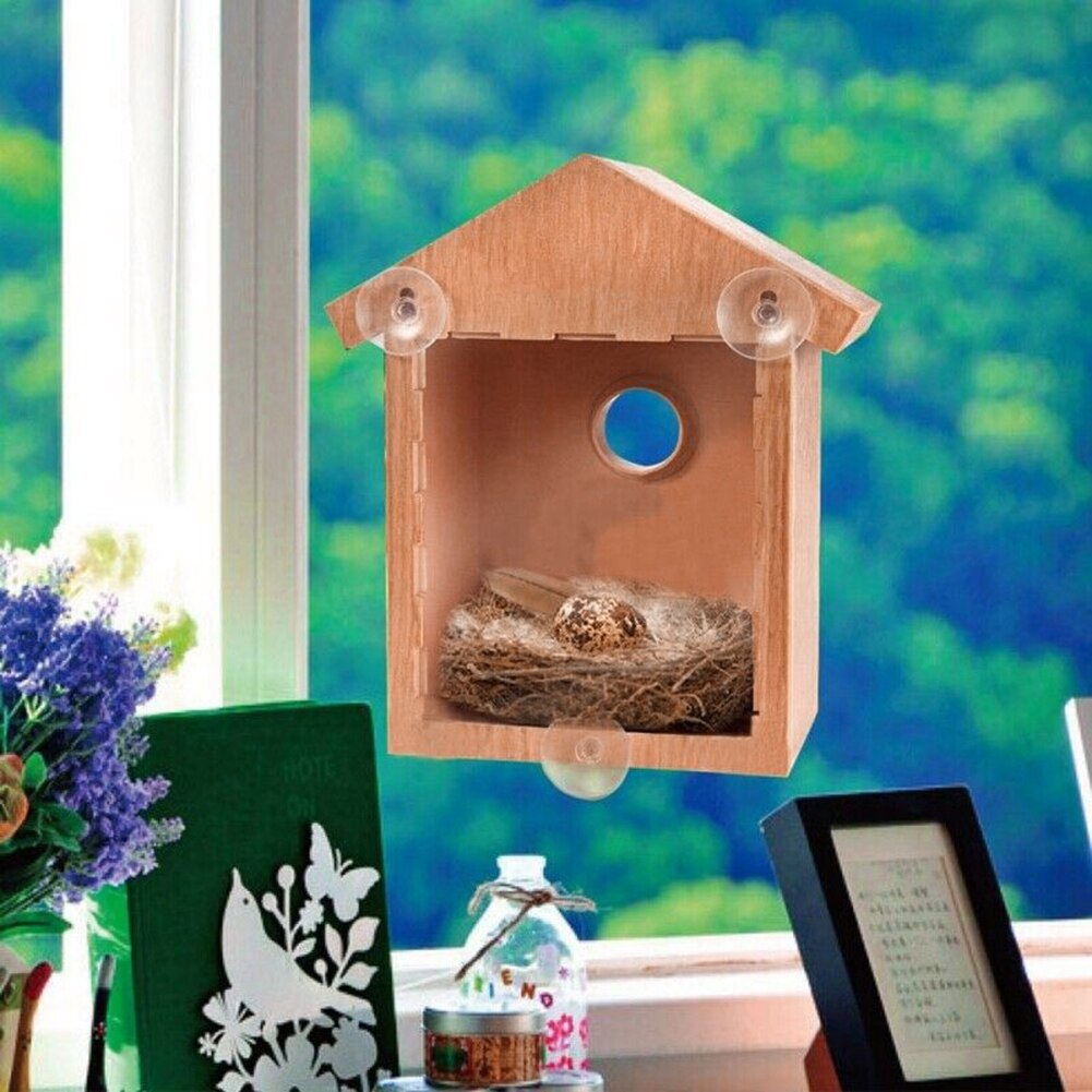 Wooden Outdoor Garden Bird Feeding House Window Suction Cups Birdhouse Nest