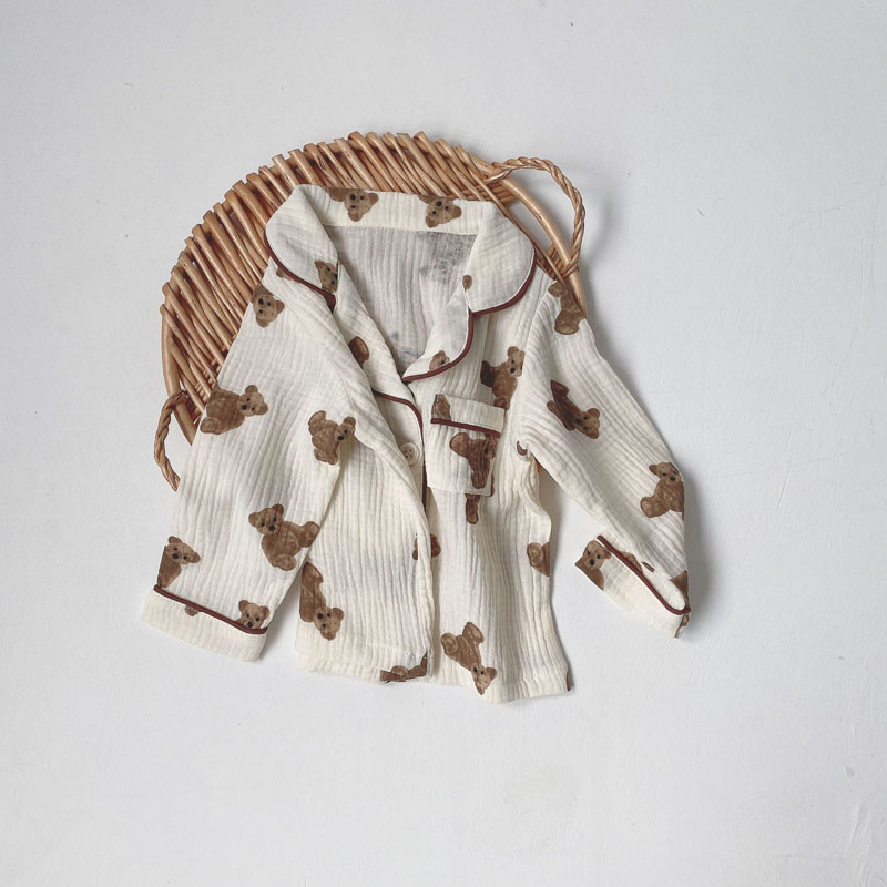Pigiama per bambini primavera autunno Cardigan e pantaloni orso stampato manica lunga Comfort carino neonato ragazza cotone Musline filato indumenti da notte