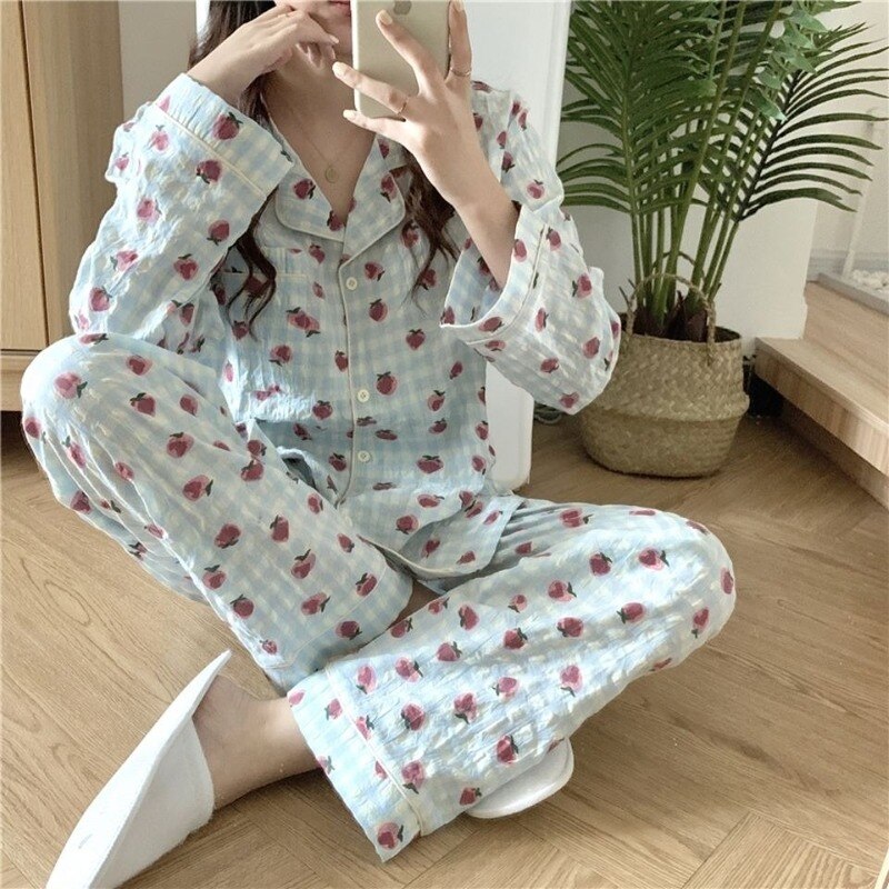 Pijama de algodón para mujer, ropa de dormir con estampado Floral coreana, conjunto de 2 piezas, para el hogar, Primavera
