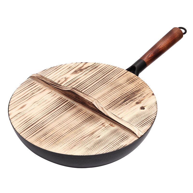 Jern wok med træhåndtag traditionelt håndlavet jern wok køkken non-stick pande ikke-belægning gaskomfur køkkengrej