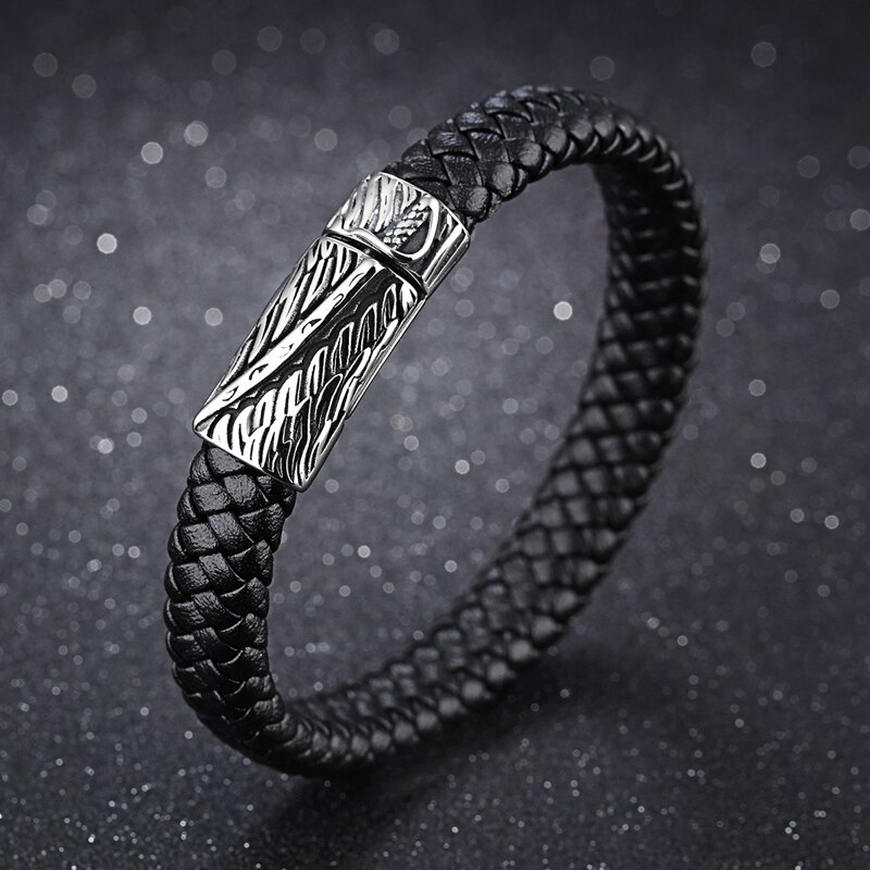 Mozo pulseira masculina de couro, joias da moda masculinas, pulseira de couro preto, espada punk de aço inoxidável, charme de fivela magnética de alta qualidade ps2079