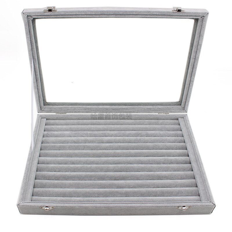 Big Velvet Gray Carrying Case with Glass Cover Jewelry Ring Display Box Tray Holder Storage Box Organizer Earrings Ring Bracelet: style 1