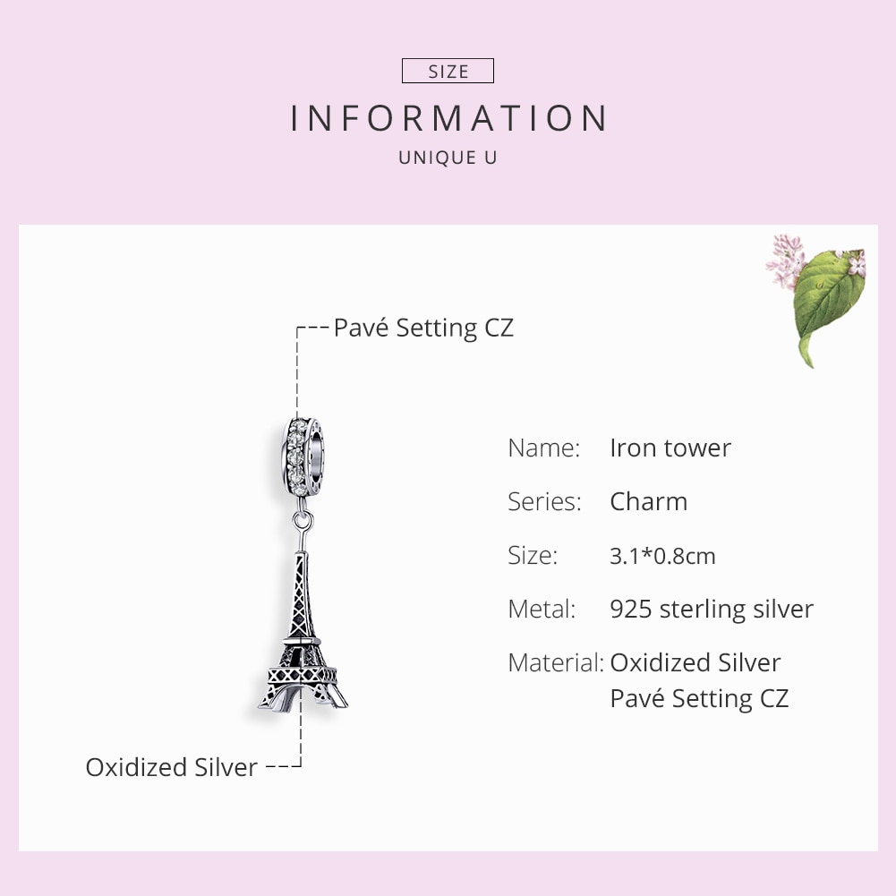 WOSTU Authentic 925 Sterling Silver Eiffel Tower Charms Zircon Openwork Beads Fit Original Bracelet Pendant Jewelry CTC154