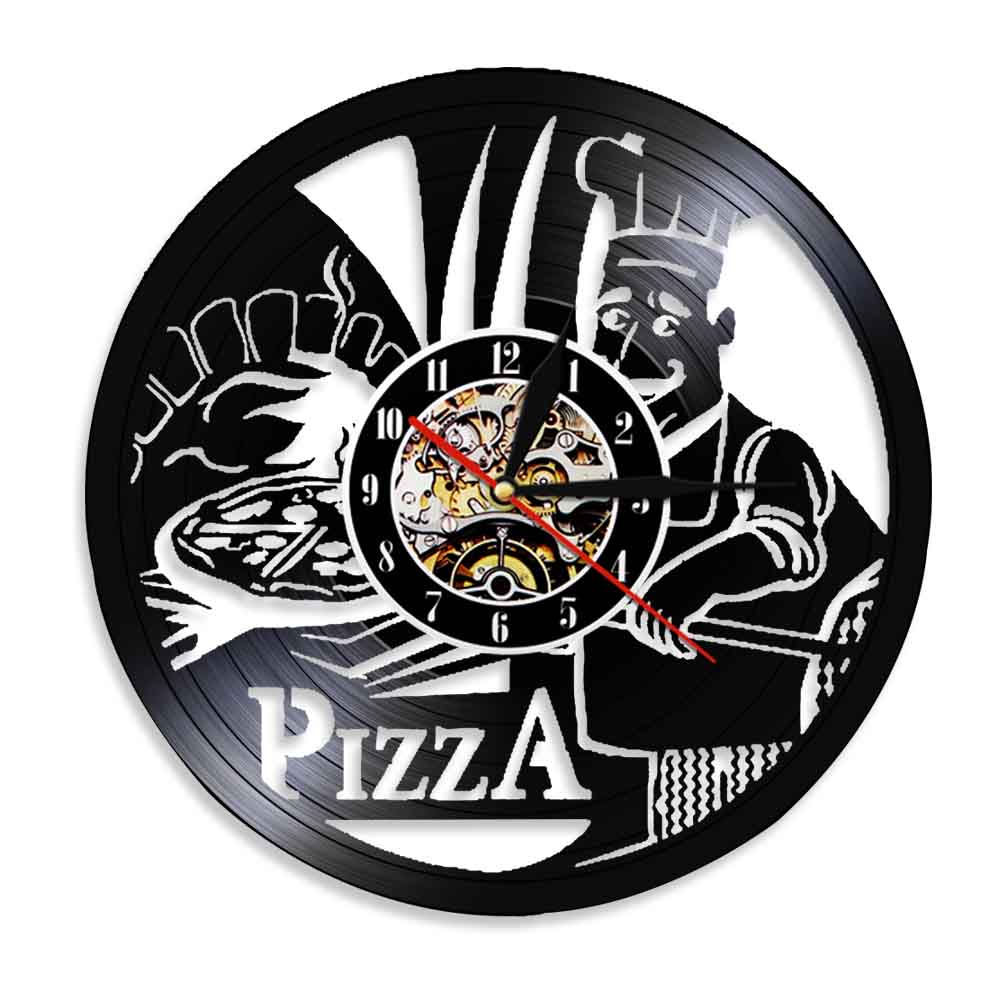Pizza Shadow Art Clock Food Theme Vinyl Record Wall Clock Modern Kitchen Clock Wall Art Decor For Kitchen Room: Without LED Light