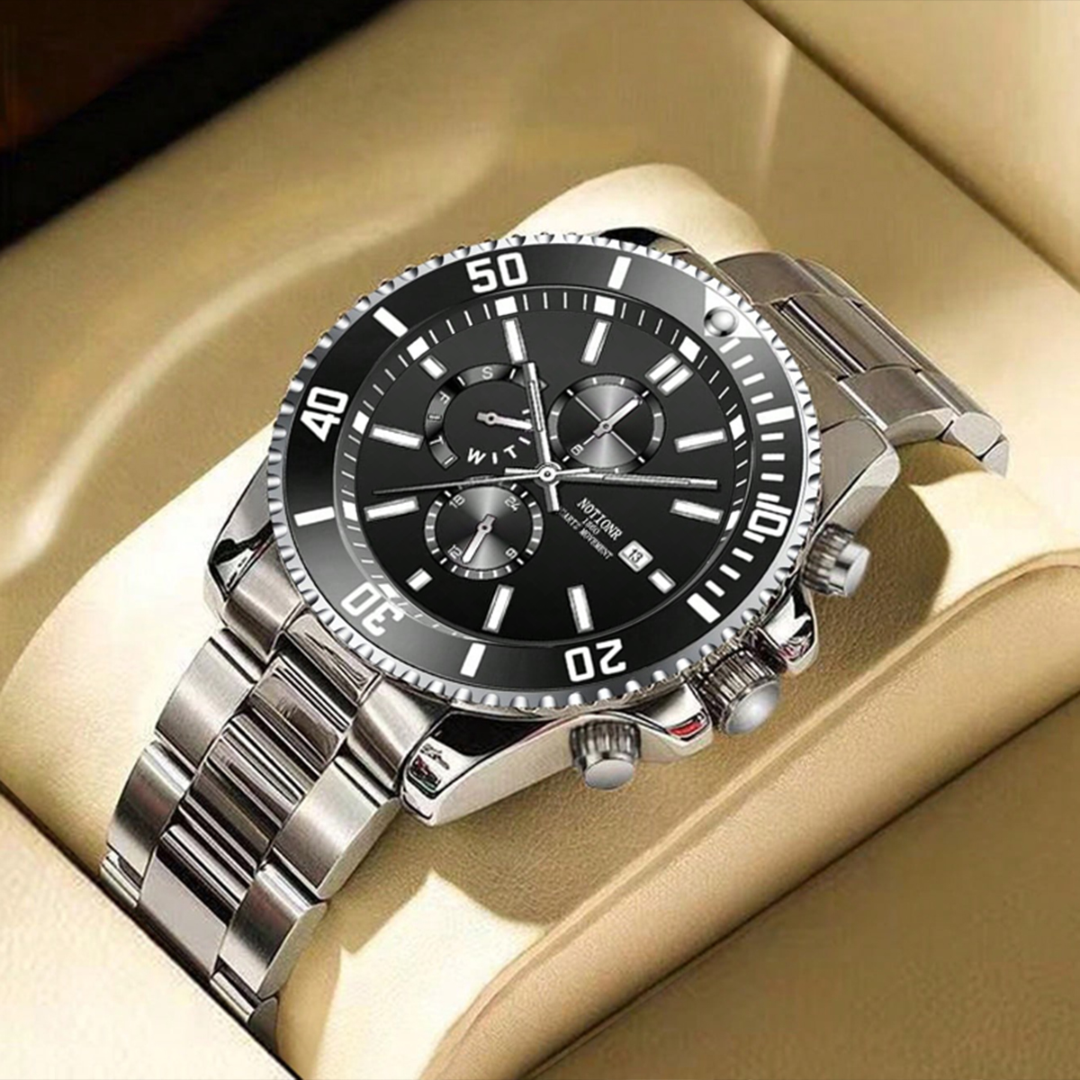 Luxus Herren Business Uhren Männer Silber Quarzuhr Männliche Leuchtende Uhr: Black