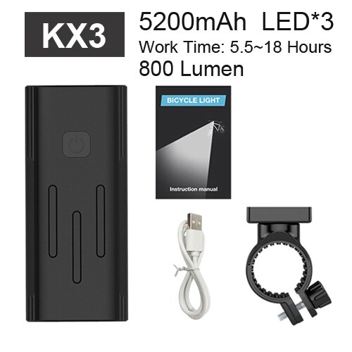 Newboler 5200 mah krachtige fietslamp 3 led aluminium usb fiets koplamp set regenbestendige mtb voorlamp fietslamp powerbank: Kx3