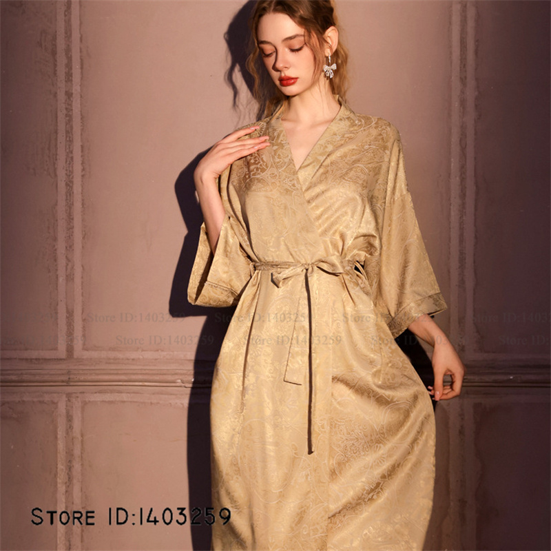 Chinese Style Jacquard Long Robe Nightgown Silk Satin Kimono Bathrobe Gown Spring Summer Sleepwear Home Dress Pajama: 3XL / green