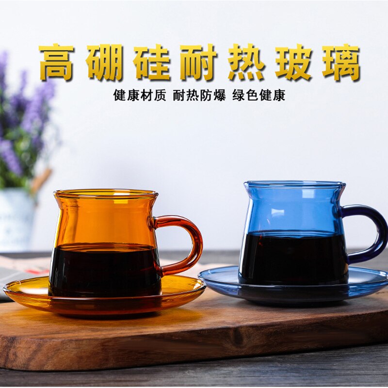Ins färg värmebeständigt glas med handtag kaffekopp mjölkkopp vattenkopp frukostkopp med tallrik bärnstensblå