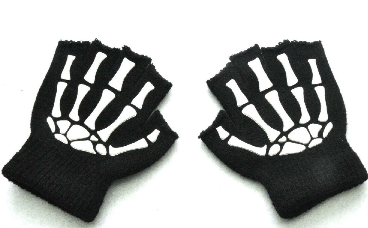 Kinderen Wanten Breien Warm Half Vingers Handschoenen Halloween Noctilucent Menselijk Skelet Hoofd Schedel Botten Lichtgevende Student Handschoen: claws