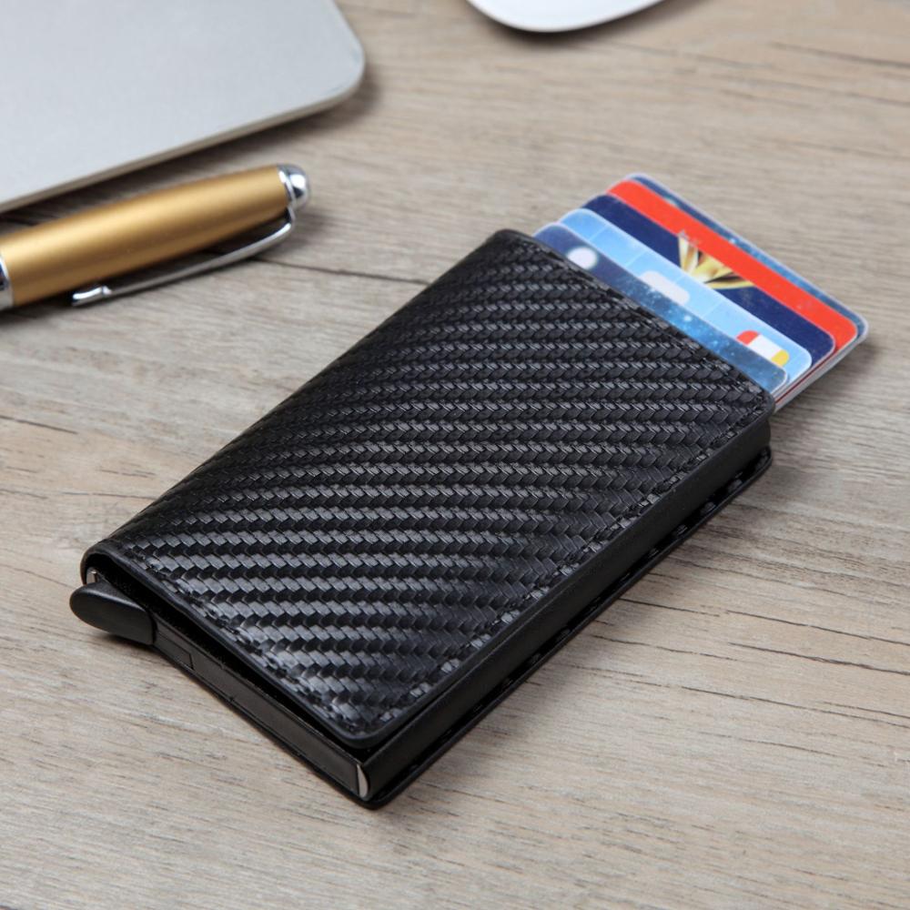 Men Automatic Credit card holder carbon fiber Leather Wallet Aluminum Mini Wallet With Back Pocket ID Card RFID Blocking purse