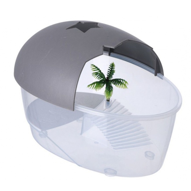 Small Turtle Tank Container Reptile House Semi-Closed Detachable Cover Habitat with Ramp Baking Island Clear Breathable