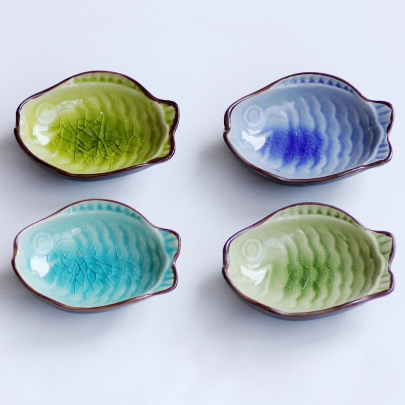 Plat Mini assiette en céramique glace fissure | Feuilles d'arbre ou Sauce de poisson, plat glacé 10x8cm (2 pièces): Fish