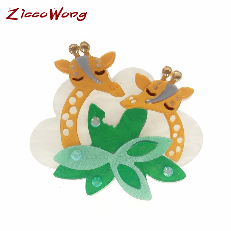 ZiccoWong Cartoon Animals Brooches Pins For Women Girl Lovely Two Giraffes Grass Lapel Pin Badges for Kids Girl