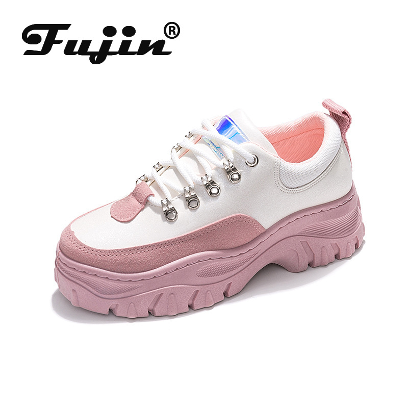 Fujin sneakers dames herfst lente dikke zool ademend vrijetijdsschoenen ronde neus vetersluiting damesschoenen