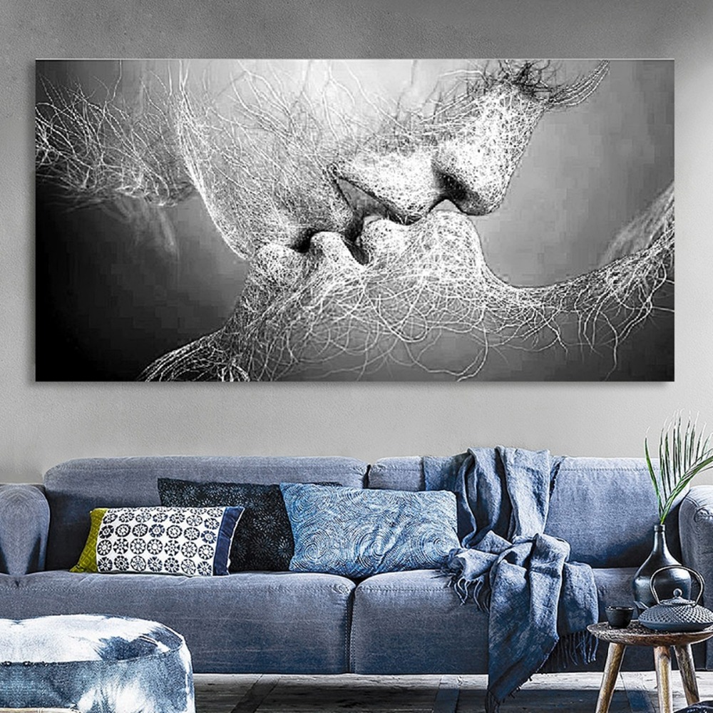 Mode Zwart Wit Liefde Kus Abstracte Kunst Op Canvas Schilderen Poster Wall Art Foto Print Thuis Wanddecoratie