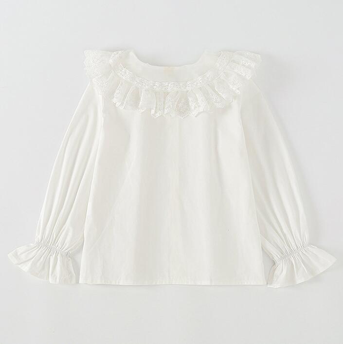 Camisa blanca de manga larga para niñas, blusa de algodón con cuello de encaje para chicas adolescentes, ropa para niños de 6, 8, 10, 12 y 14 años