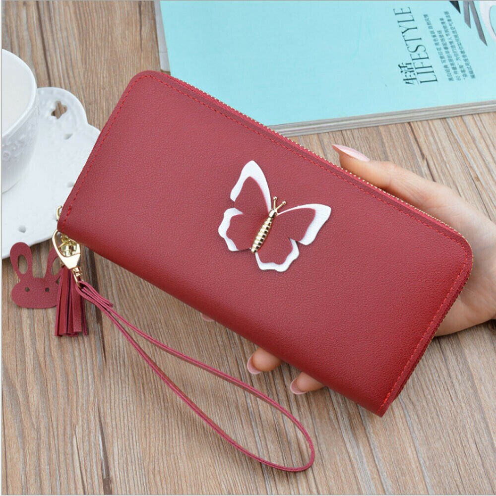 Frauen Dame Zipper Leder Brieftasche Lange Karte Halter Telefon Tasche Fall Geldbörse Handtasche: Bordeaux red