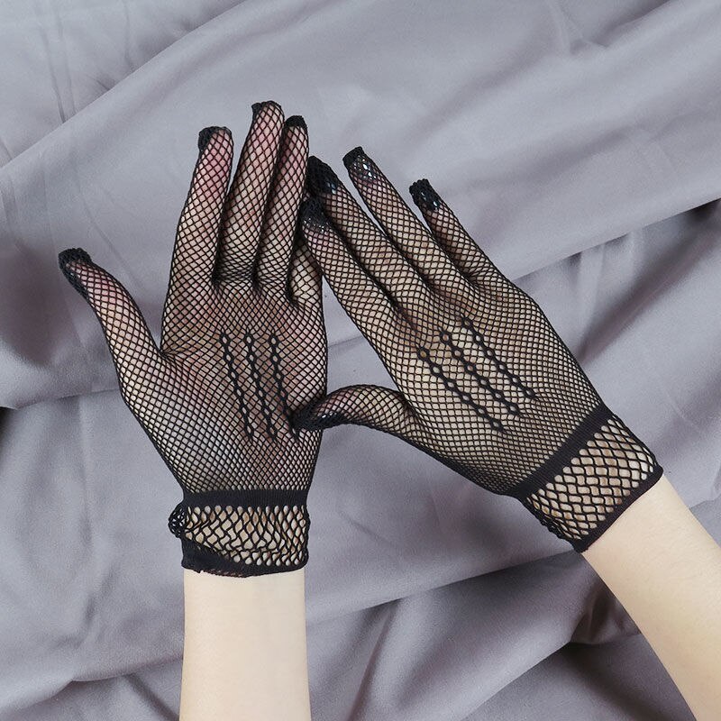 Ladies Short Lace Gloves Maid Sheer Fishn Net Black White Prom Tea Party Gloves Female&#39;s Fashionable Mittens for Women: black