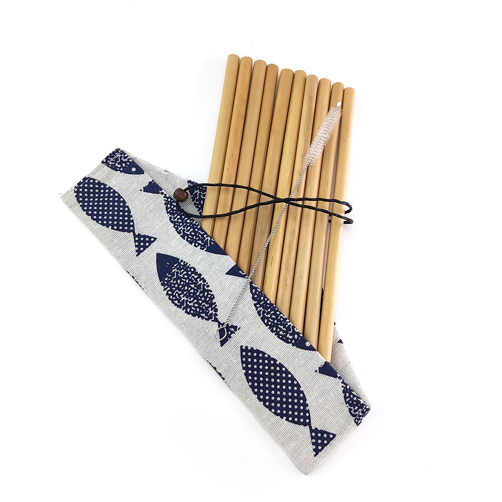 Bamboo Drinking Straw Cutlery with Pouch Biodegradable Alternative to Plastic Stainless Straws Reusable Eco-friendy Clean Brush: Fish