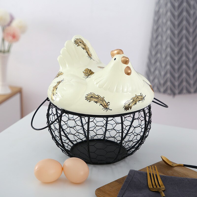 American Ceramic Egg Holder Chicken Wire Egg Basket Fruit Basket Collection Ceramic Hen Oraments Decoration Kitchen Storage: A1--Black basket