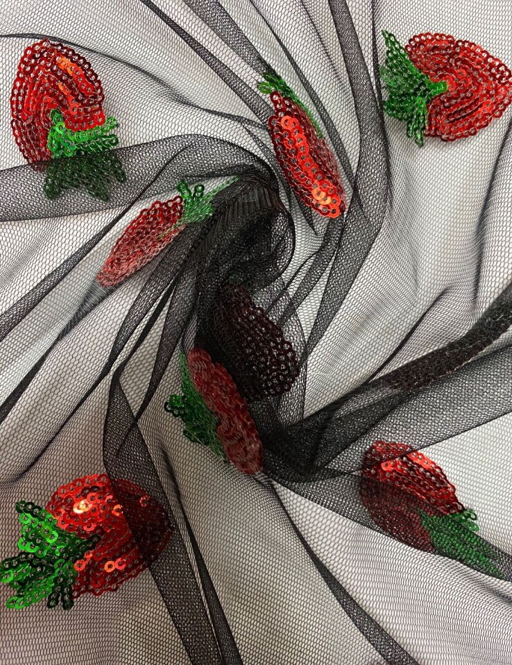 Soft Translucent Sequins Strawberry Embroidery Mesh Fabric for Wedding Party Dress Tulle Stage Garment Diy Sewing Lace Fabric: Black / 300x130cm