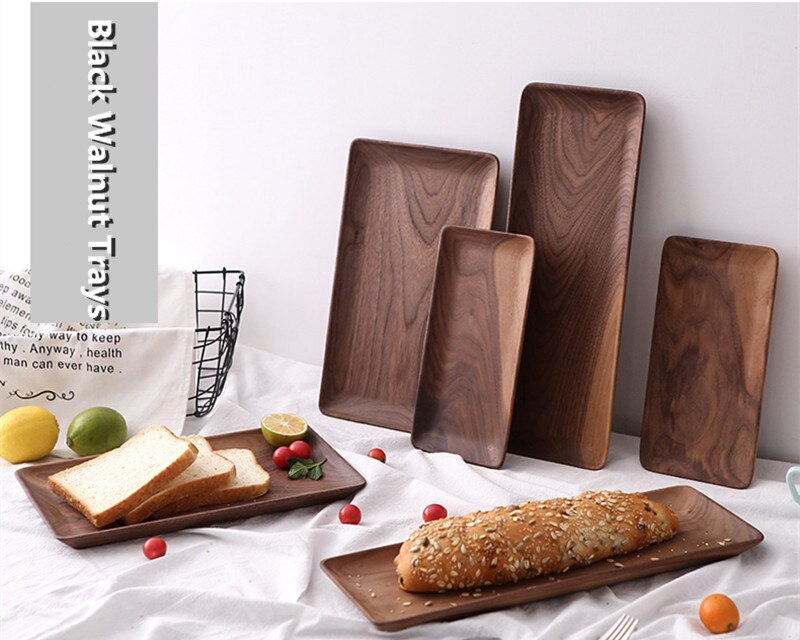 Bread Wood Plate Rectangle Black Walnut Wood Pan Plate Fruit Dishes Saucer Tea Tray Dessert Dinner