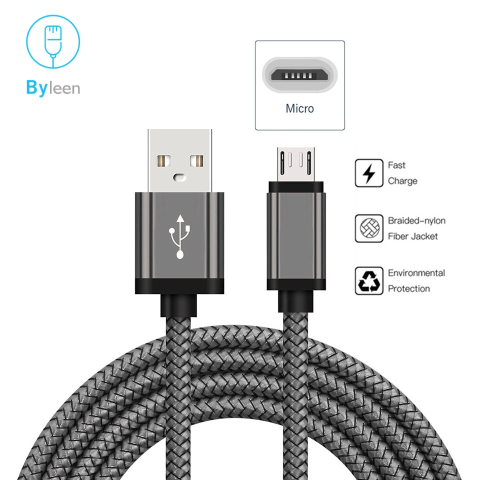 Cable Micro USB de sincronización de datos de carga ByleenFast de 1M, 2M, 0,25 M, cargador de teléfono Android para Xiaomi Redmi Note 5, 6 Pro, PS4 y Kindle: 0.25m / Gray