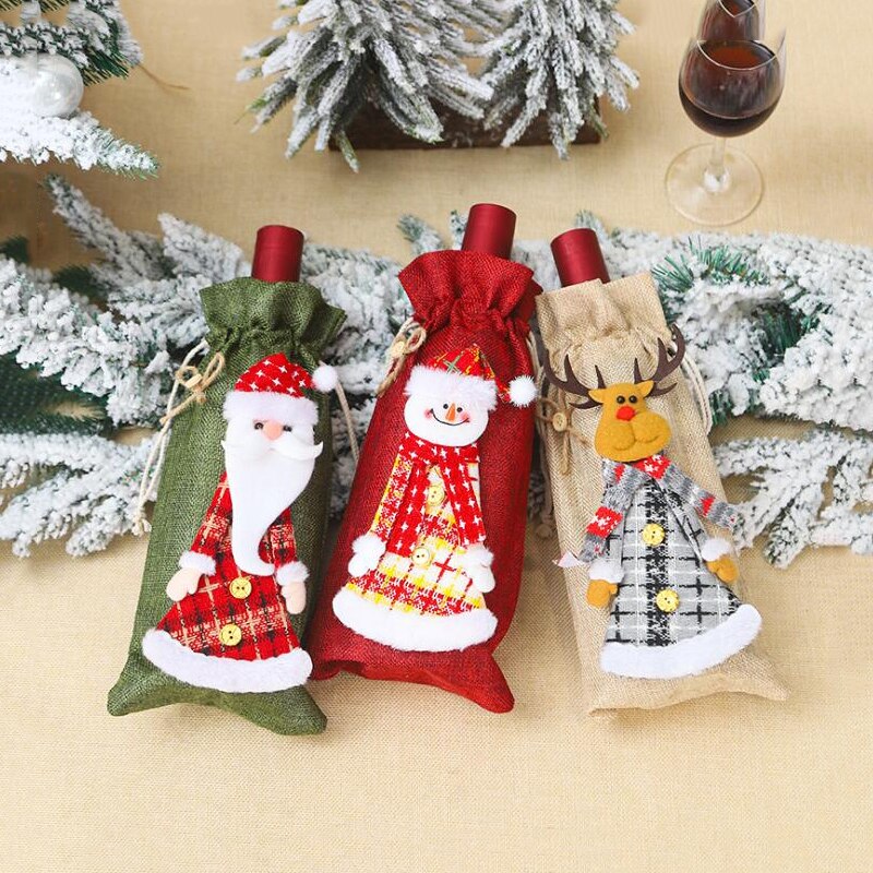 1pc julevinflaskebetræk taske fest hjemmepynt julemand champagneflaske linnedbetræk julebordsindretning
