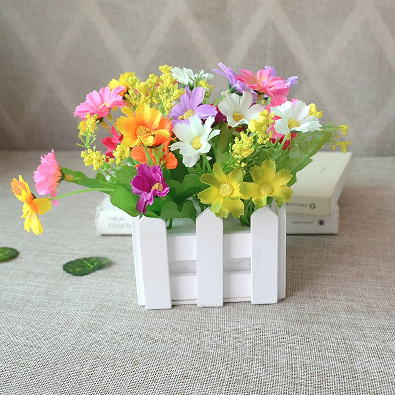1 sett tregjerdevase + blomsterrose og tusenfryd silke kunstige blomster hjemmedekorasjon hageinnredning bursdag: En