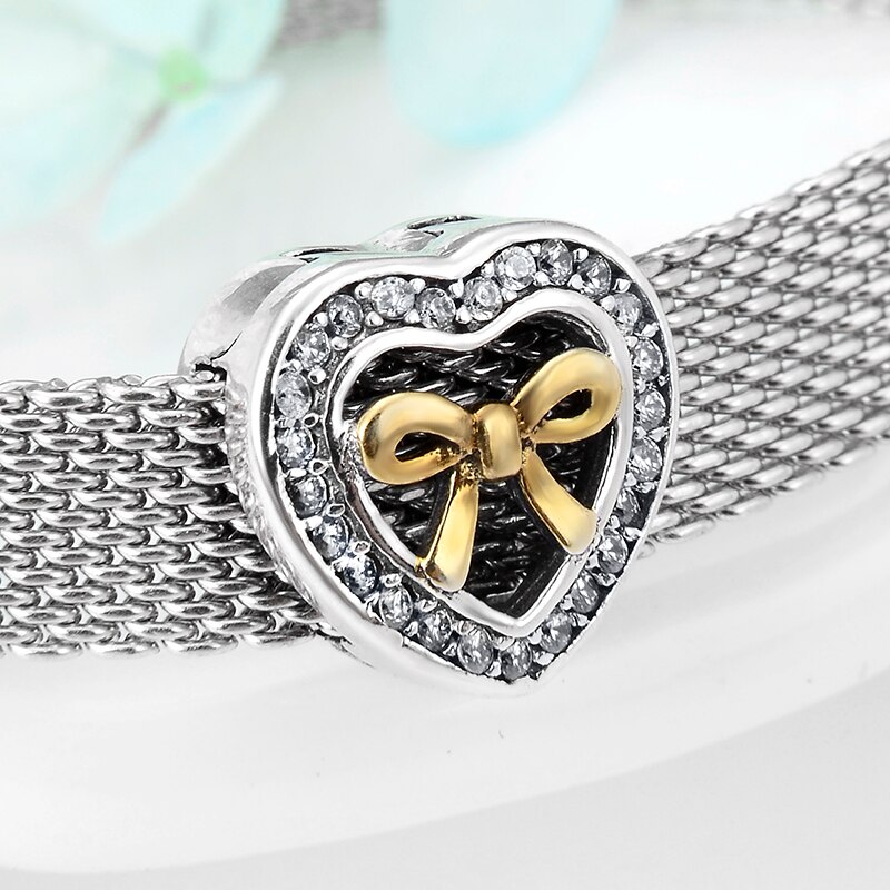 Mother's Day 925 Sterling Silver Heart Golden Bow CZ Clip Beads Fit Original Reflexions Charms Bracelet Jewelry making