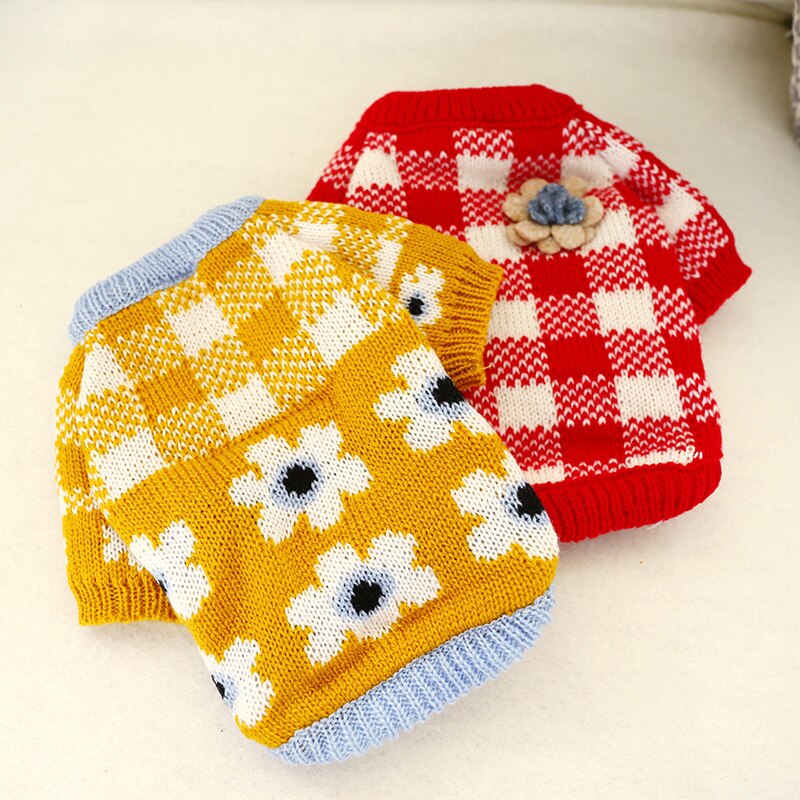 Hund sweater efterårsblomst plaid bamse chihuahua kæledyrstrøje strikket varmt hundetøj